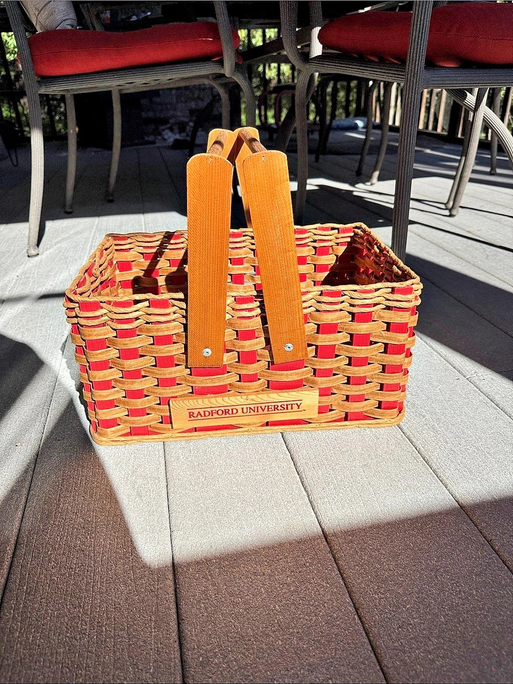 Radford University Woven Basket Tote in Brown & Red Wood
